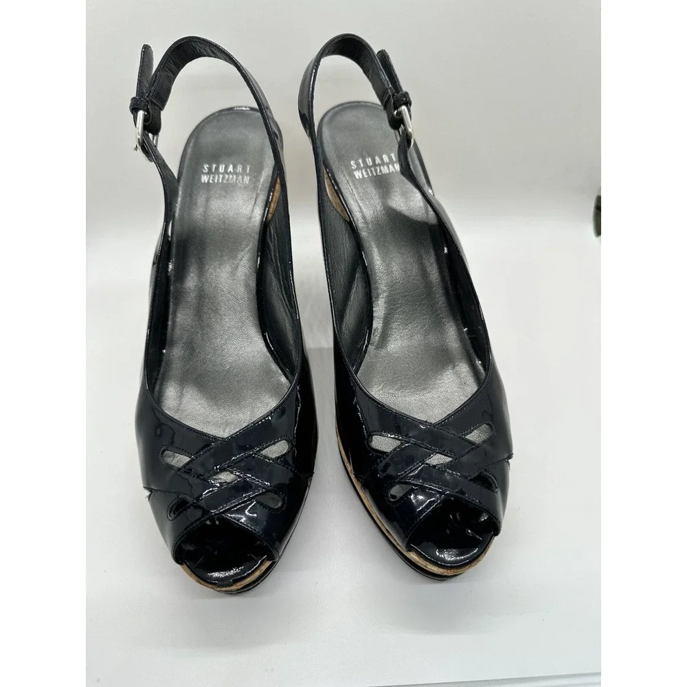 Stuart Weitzman Dolunch Patent Leather Espadrille Wedge Heel Sandals Black 9M